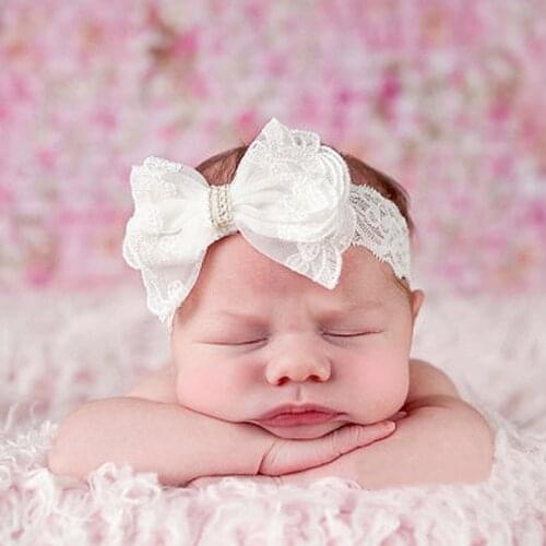 Wholesale Wide white lace bow headband fornewborn head accessories fashion 100% lace elastic headband