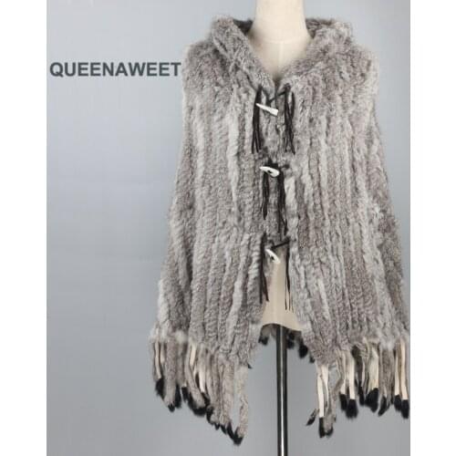 Real Rabbit Fur Poncho With Hood And Tassels Womens Shawl Horn Button Fur Poncho Wintre Pashmina