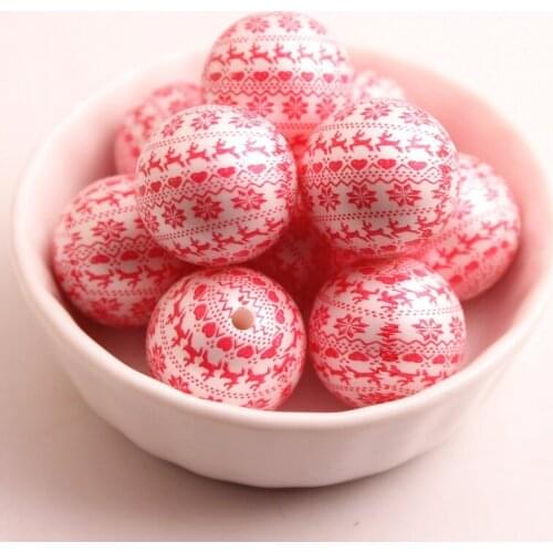 Christmas red/green color 20MM 100pcs/lot chunky acrylic Matte Imitation Pearl print Deer Beads For Kids Necklace Jewelry