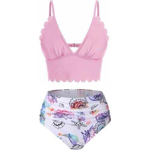 Wipalo Sexy Bikini Women Swimwear Bandeau Biquini Swimsuit Female Bathing Suit Shell Starfish Print Scalloped Padded Bikini Set