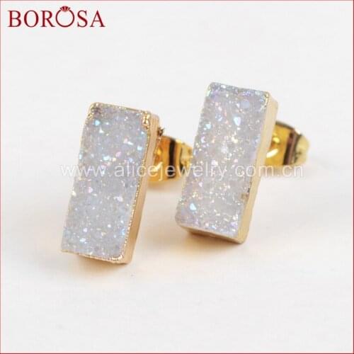 BOROSA Gold Color Rectangle Titanium Natural Stone Druzy Earrings for Women Drusy Geode Stone Stud Earrings Gems Jewelry G1223