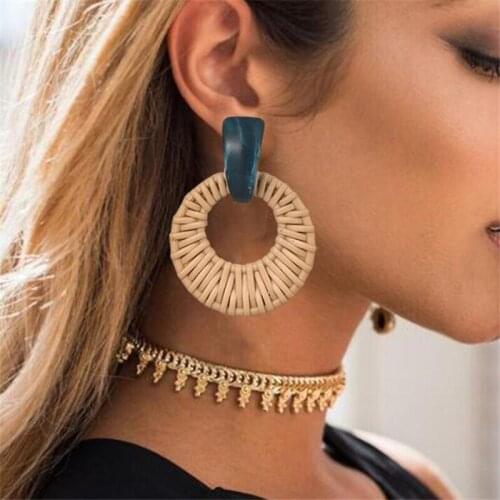 Korea Handmade Geometric Drop Earrings For Women Rattan Triangular Round Resin Earrings Sandy Beach Vacation Party Jewelry