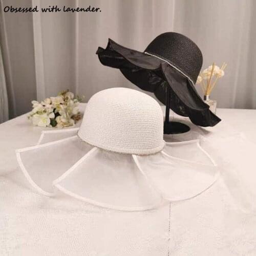Celebrity retro mesh stitching straw hat rhinestone fabric large brim hat goddess flounced hat seaside vacation