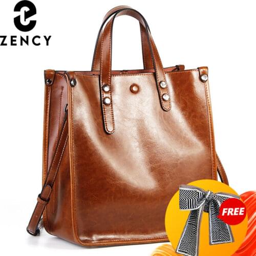 Zency Women Casual Tote 100% Genuine Leather Brown Handbag Retro Crossbody Messenger Purse For Lady Coffee Shoulder Bag