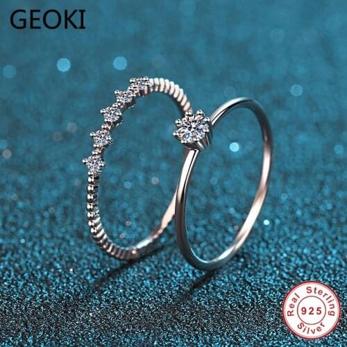 Geoki 925 Sterling Silver Passed Diamond Test Perfect Cut 0.2 ct VVS1 Good Color Moissanite Rings Sets for Women Trendy Jewelry