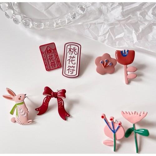 AOMU Funny Cartoon Pink Red Acrylic Enamel Rabbit Bow Earrings Sweet Irregular Geometric Flower Plant Drop Earrings for Women