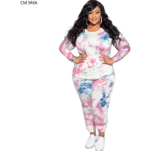 CM.YAYA Plus Size XL-5XL Tie Dye Print Womens Suit Tracksuits Long Sleeve Tops Pants Two Piece Set Outfits Matching Set