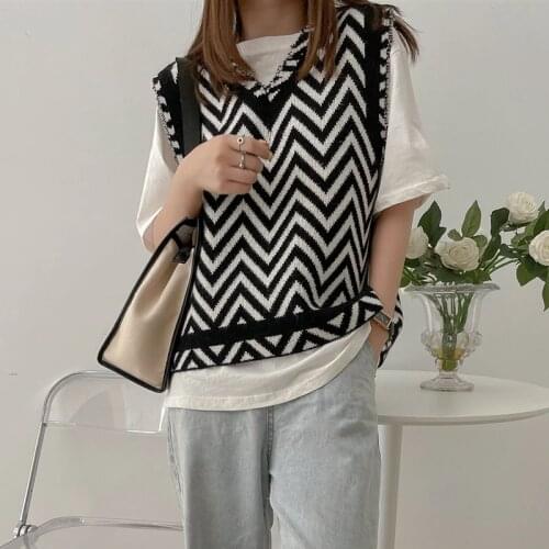 2021 New Autumn Winter Women Sweater Sleeveless Vest Waistcoat Striped England Style Knitted Oversized Tops