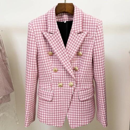 HIGH STREET Newest Fashion 2021 Designer Jacket Womens Double Breasted Lion Buttons Wool Tweed Houndstooth Blazer