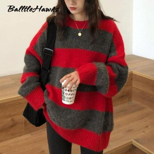 Women Oversized Sweater Vintage Striped Loose Pullover Streetwear Autumn Knitted Sweater Women Winter Tops Jumper Femme 2021