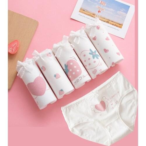 Anewmorn Pure Cotton Strawberry Underwear For Women Japanese White Cute Cartoon Print Maiden Panties Bow Lace Briefs Size M-XXL