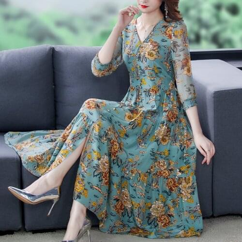 Summer Casual Floral Chiffon Beach Midi Dress 2021 Boho Vintage Print 4XL Plus Size Sundress Women Elegant Bodycon Party Vestido