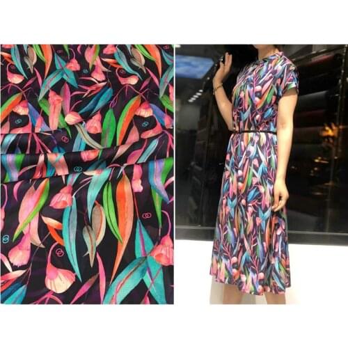 140 * 50cm Painted Willow Branches and Vines Wind Bells Printing Elastic Georgette Mulberry Silk Fabric For Dress Shirt