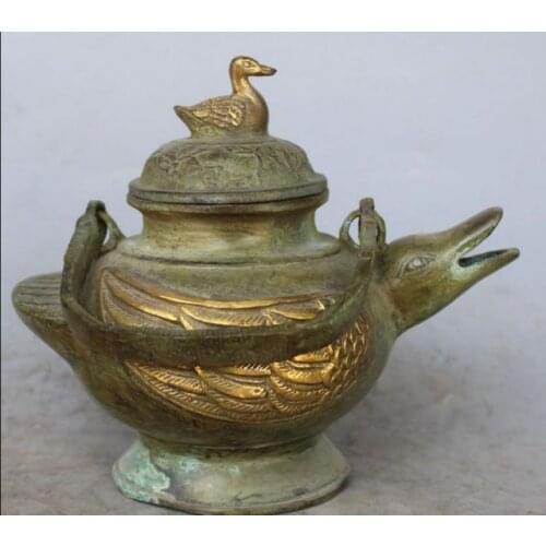 6" Chinese Bronze Gilt Phoenix bird Magpies Duck Tea Wine Pot Statue AS1161