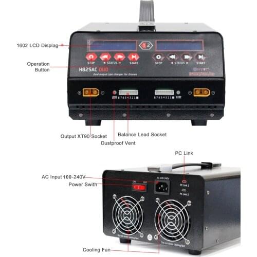 HTRC 1200W Dual Port Battery Drone Balance Charger High Power H825AC DUO 25A 1-8s Lipo/Lihv For Rc Agricultural Spraying UAV
