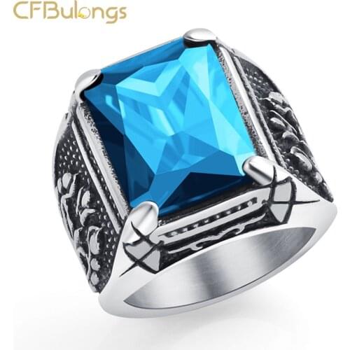 CFBulongs Vintage Black Color Square Large CZ Zircon Mens Ring 316L Stainless Steel High Quality Austrian Crystal Men Jewelry