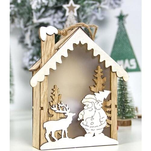 Wooden Christmas Cottage Christmas Tree Decoration Snow Top Cottage LED Light Hanging Pendant For Doors Windows Bars Decorations