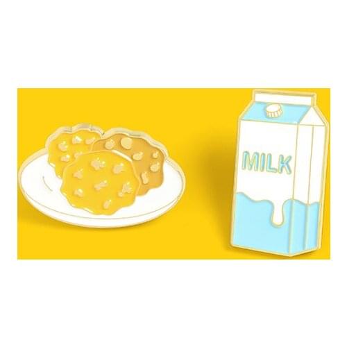 Breakfast time！Chocolate Chip Cookies Lapel Pins Milk and Cookie Enamel pin Blue Kawaii Food Badges Brooches for Wome Wholesale