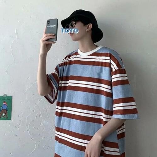 Oversized Summer Striped Style Loose Mens T-shirt Harajuku Fashion Simple 2021 Clothes Male Teen High Quality Streetwear Tops