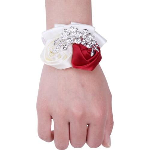 Hot Sale Wine Red Bride And Bridesmaid Wrist Corsage Elastic Bracelet Ribbon Rhinestone Ladies Wristband Wedding Supplies SW0688