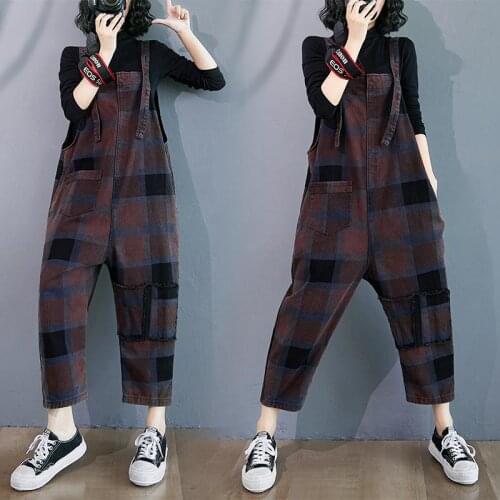 Plaid High Waist Denim Bib Women 2021 Thin Korean Look Thin Pants Loose Harem Nine-point Overalls Jumpsuit Trousers Streetwear