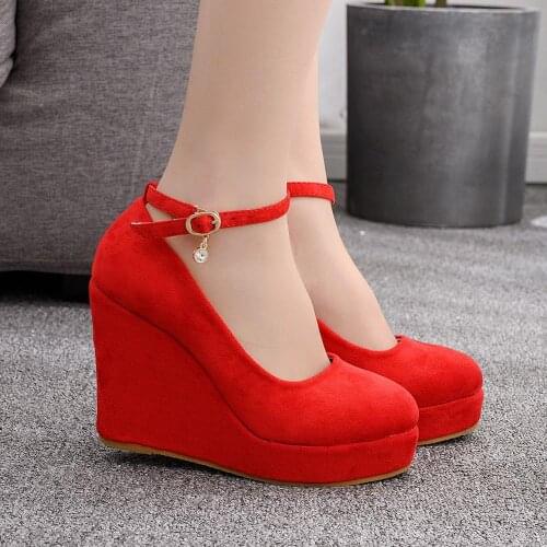 Fashion Women Shoes High Heels Red Shoes Heels Flock Leather Pumps Spring Black Wedges Wedding Party Wedges Sandals