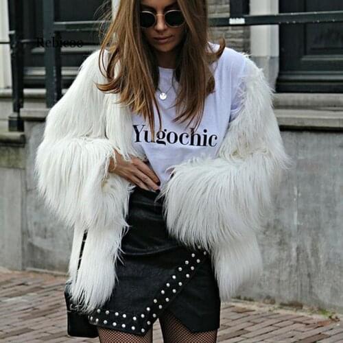 Fashion Winter Furry Faux Fur Coat Women Teddy White Warm Long Sleeve Femme Outerwear Coat Jacket Hairy Collarless Overcoat New