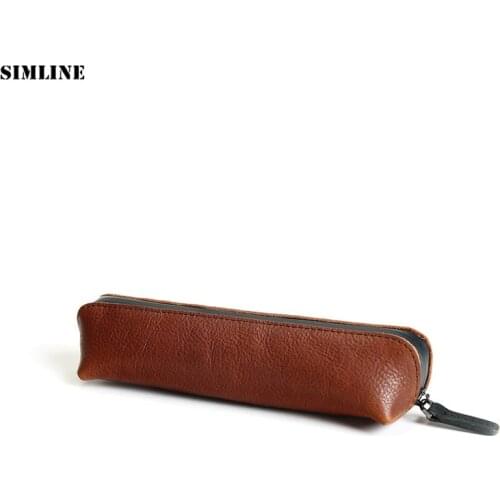 Genuine Leather Cowhide Pen Bag Pencil Bags Holder Vintage Handmade Long Zipper Storage Pouch Case Coin Purse School Suppliers