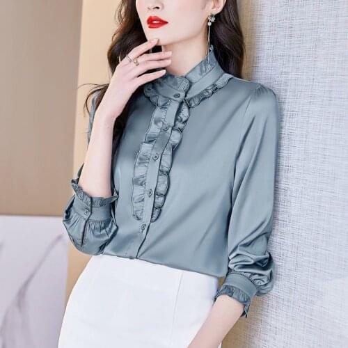 2021 Spring Autumn Women Solid Plus Size Blouses Female Loose Stand Collar Long Sleeve OL Shirt Lady Casual Ruffles Tops R196