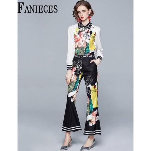 2021 Spring Fashion Runway Pants Suit Sets Womens Long Sleeve Print Tops Blouses Shirt And Flare Pants Lady Two Pieces Set 2PCS