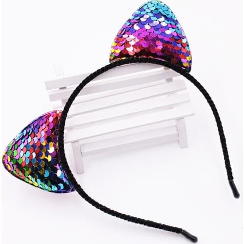 Rainbow Can Flip Sequins Cat Ear Girl Hairband Kid Hair Accessories For Women Party Cute Cat Ears Shine Cartoon Headband