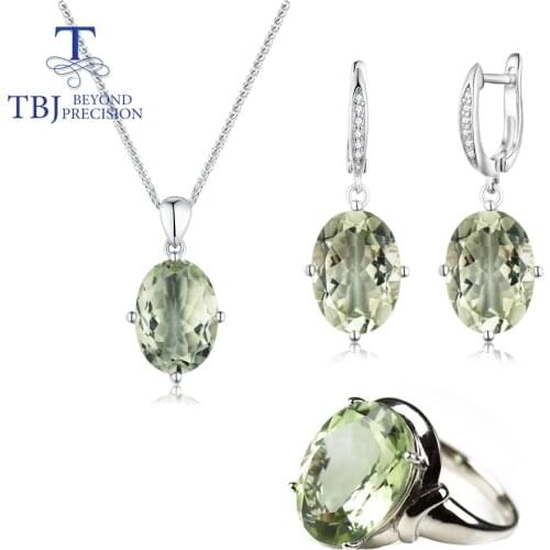 Natural Green amethyst Jewelry set 35ct oval 10*14mm pendant Earring ring 925 sterling silver for women daily wear nice gift tbj