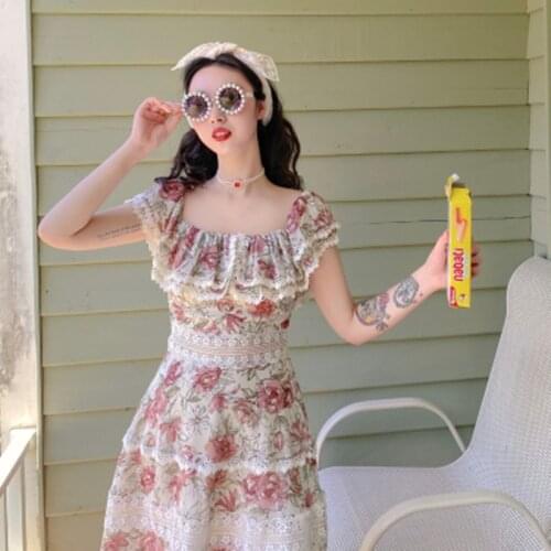 Women Sexy Floral Print Ruffles Off Shoulder Patchwork Lace Dress Party Dress Elegant Fashion Chic Dress