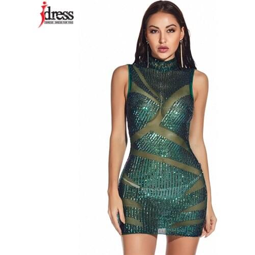 IDress Real Photo Robe Noel Femme Christmas Dress Women Green Sequined Dress Sexy Mesh Patchwork See Through Night Party Dresses