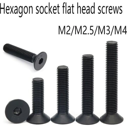 10/25/50/100pcs Carbon steel Bolt DIY Hexagon Hex Socket Flat Head Screw Black Furniture screwsM2 M2.5 M3 M4