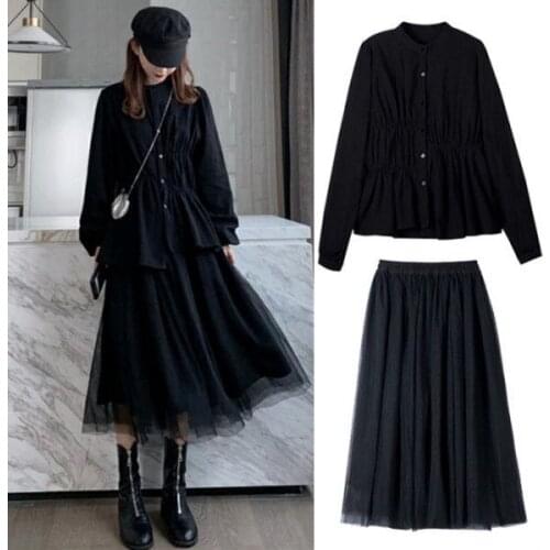 Women 2021 Spring Autumn Fashion 2 Piece Suit Female Stand Collar Single Breasted Tops Ladies Solid Color Loose Skirts Sets K44