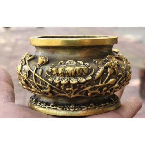 4" Chinese Palace Pure Bronze Lotus Fo Statue Incense Burner Censer Tank Jar Pot