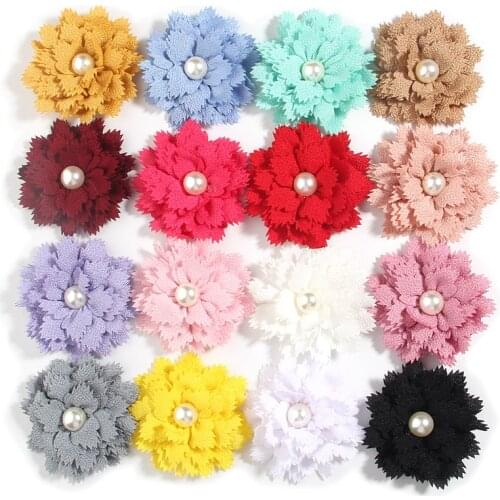 10Pcs 7.5cm 3" Satin Fabric Flowers For LaceTrim Patch Applique Pearl Mesh Gauze Artificial Flower Boutique For Wedding