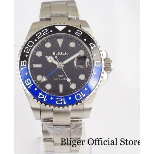 BLIGER GMT Mechanical Men Watch Sapphire Glass Steel Band Transparent Backcover Black Blue Bezel Insert