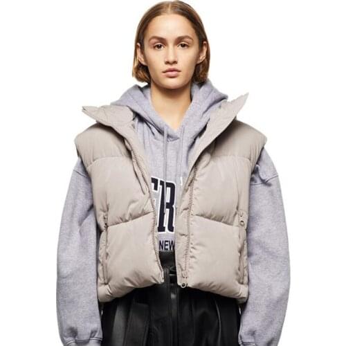 CP Casual Hooded Vests Women Vogue Simple Short Beige Pockets Cotton Coats Women Elegant Zipper Vests Female Ladies