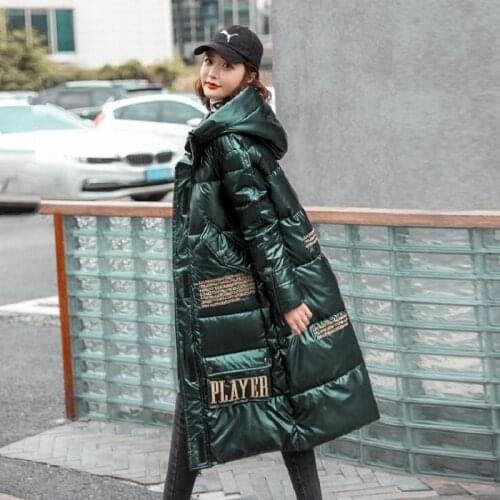 X-long Printing Parkas Female Winter 2021 Hooded Thick Puffer Jacket Women Korean Style Cotton Padded Shiny Glossy Coat Ladies