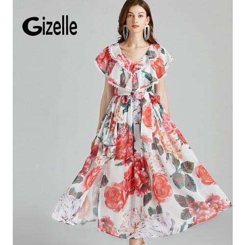 Gizelle Fashion Ruffles Rose Flower Midi Long Dresses Summer Bohemian Lace Patchwork A Line Chiffon Flowy Vestidos Large Size Za
