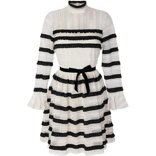 Bicolor Lace Mesh Ruffles Velvet Bowknot Tiered Dress Mock neck Cutout Contrast Leather Flare Sleeve Tulle Skater Princess Dress