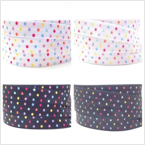 New Arrival Polka Dot Print Fold Over Elastic 5/8" Star Print FOE Ribbon 50Yards/lot/color for Girls Hair Tie DIY Headwear