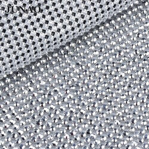 JUNAO 45*120cm Silver Color Rhinestone Mesh Fabric Sheet Aluminum Metal Trim Resin Crystal Ribbon Strass Applique Garment Crafts