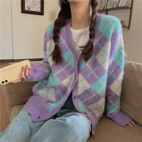 Vintage Argyle Plaid Cardigan Sweater Women Autumn V-Neck Single-breast Button Long Sleeve Jumper Knitted Outerwear Jacket Coat