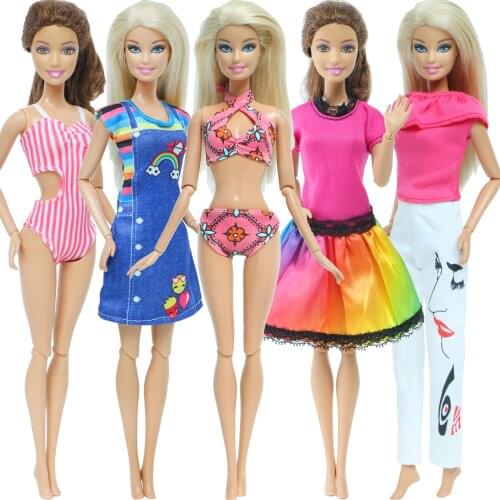 5 Pcs/Lot = 2 Sets Swimsuits Swimswear + 2 Pcs Dress Skirt + 1 Pcs T-Shirt Trousers Daily Wear Clothes for Barbie Doll DIY Toy
