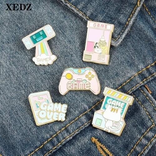 New pink game machine metal enamel rainbow robot doll machine handle machine button machine girls skirt shirt lapel brooch kids