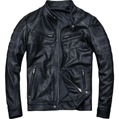 Fast Free Shipping Tanned Leather Jacket Mens Sheepskin Genuine Leather Jacket Slim Fit Black Boy Leather Coat Spring Autumn