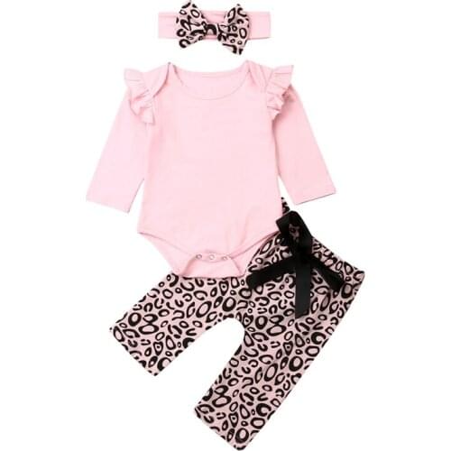Newborn Baby Girls Clothes Pink Ruffles Long Sleeve Tops+Leopard Pants Headband Cute Causal Outfits Set